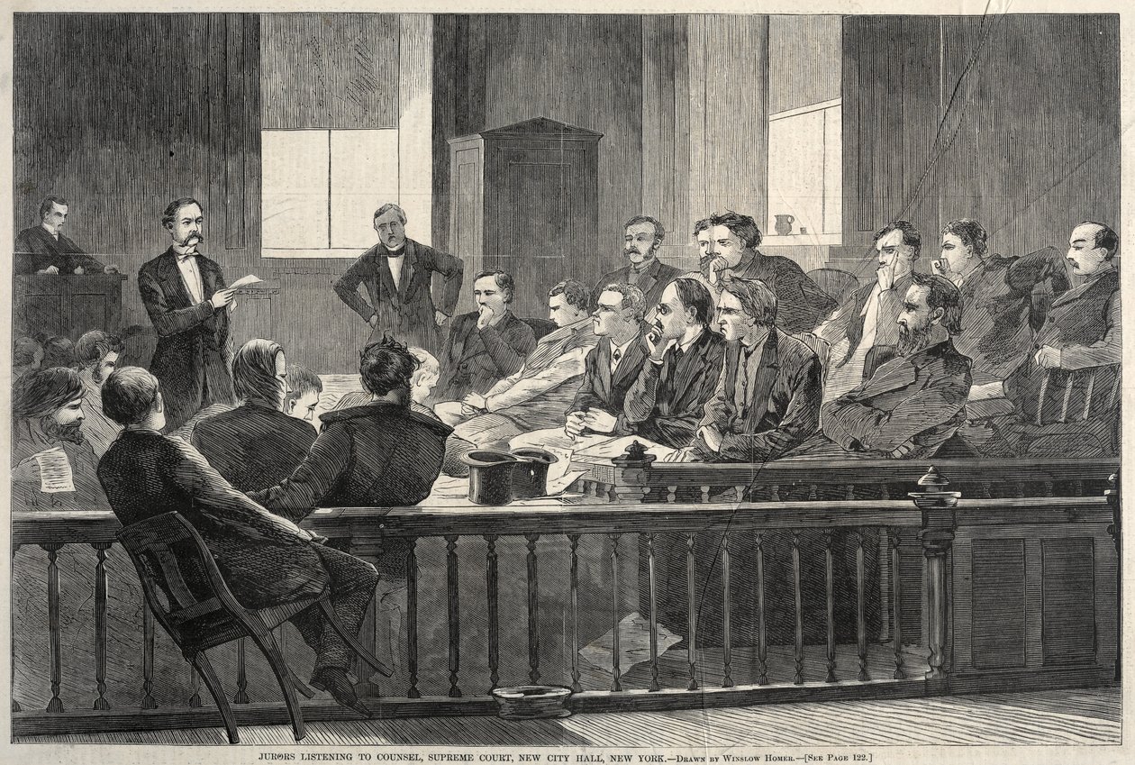 Jurados ouvindo um advogado, Supremo Tribunal, New City Hall, Nova York, 1869. de Winslow Homer