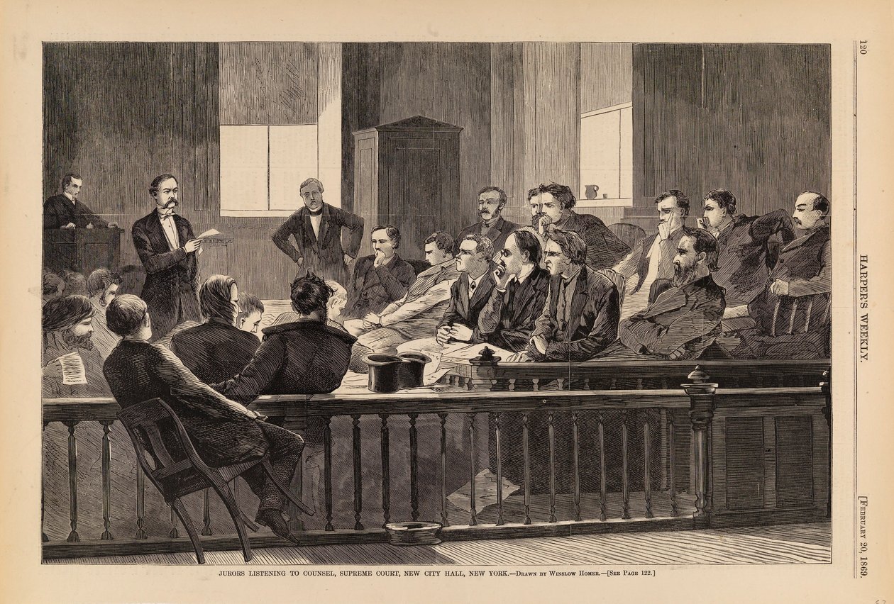 Jurados a ouvir o advogado, Supremo Tribunal, Nova Câmara Municipal, Nova Iorque, de Harper
