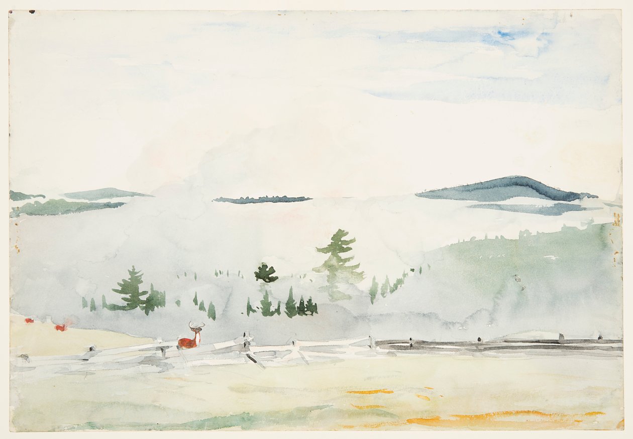 Paisagem com veados em uma neblina matinal de Winslow Homer
