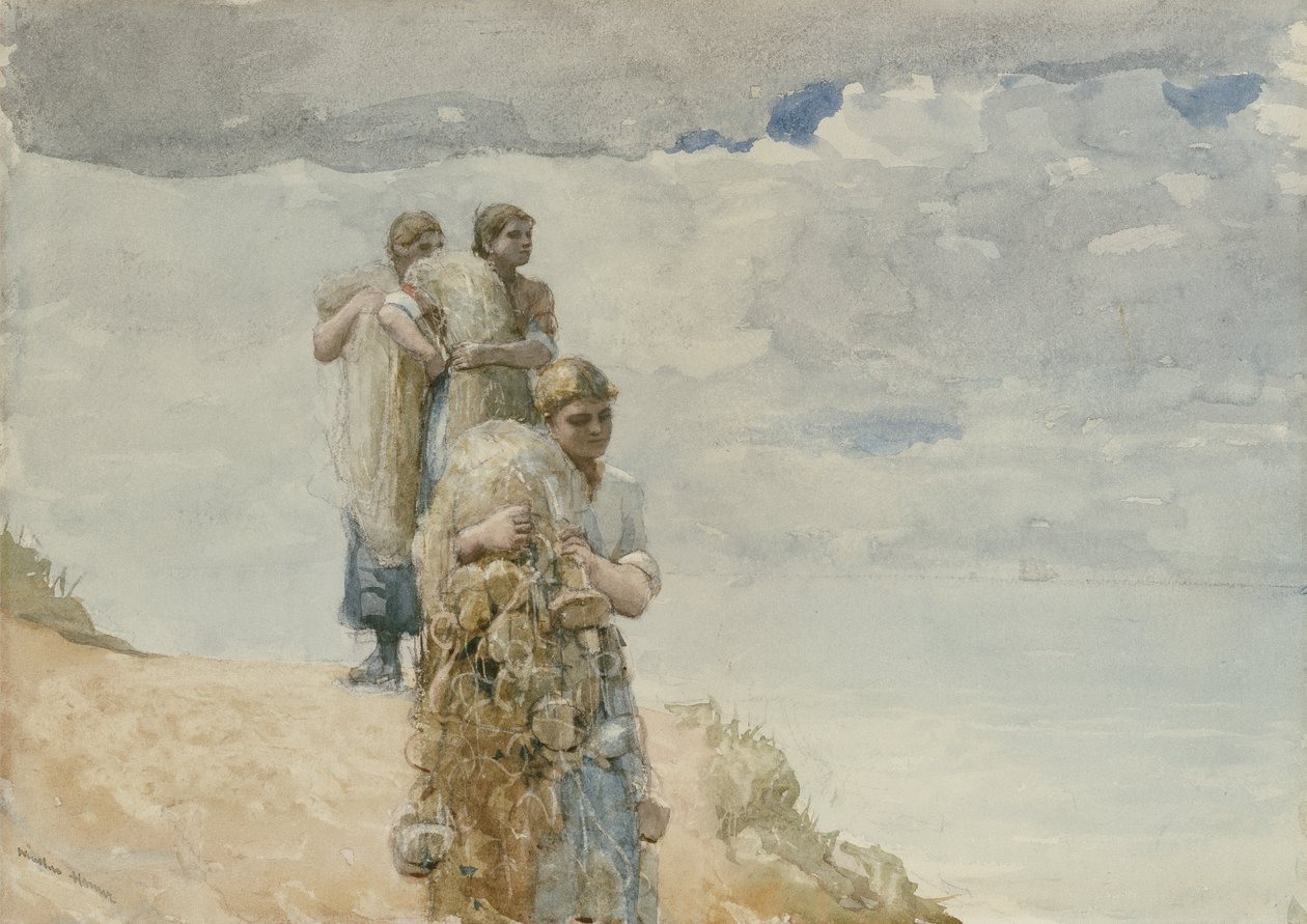 On The Cliff, Cullercoats, c.1881-82 (aquarela e carvão sobre papel tecido) de Winslow Homer