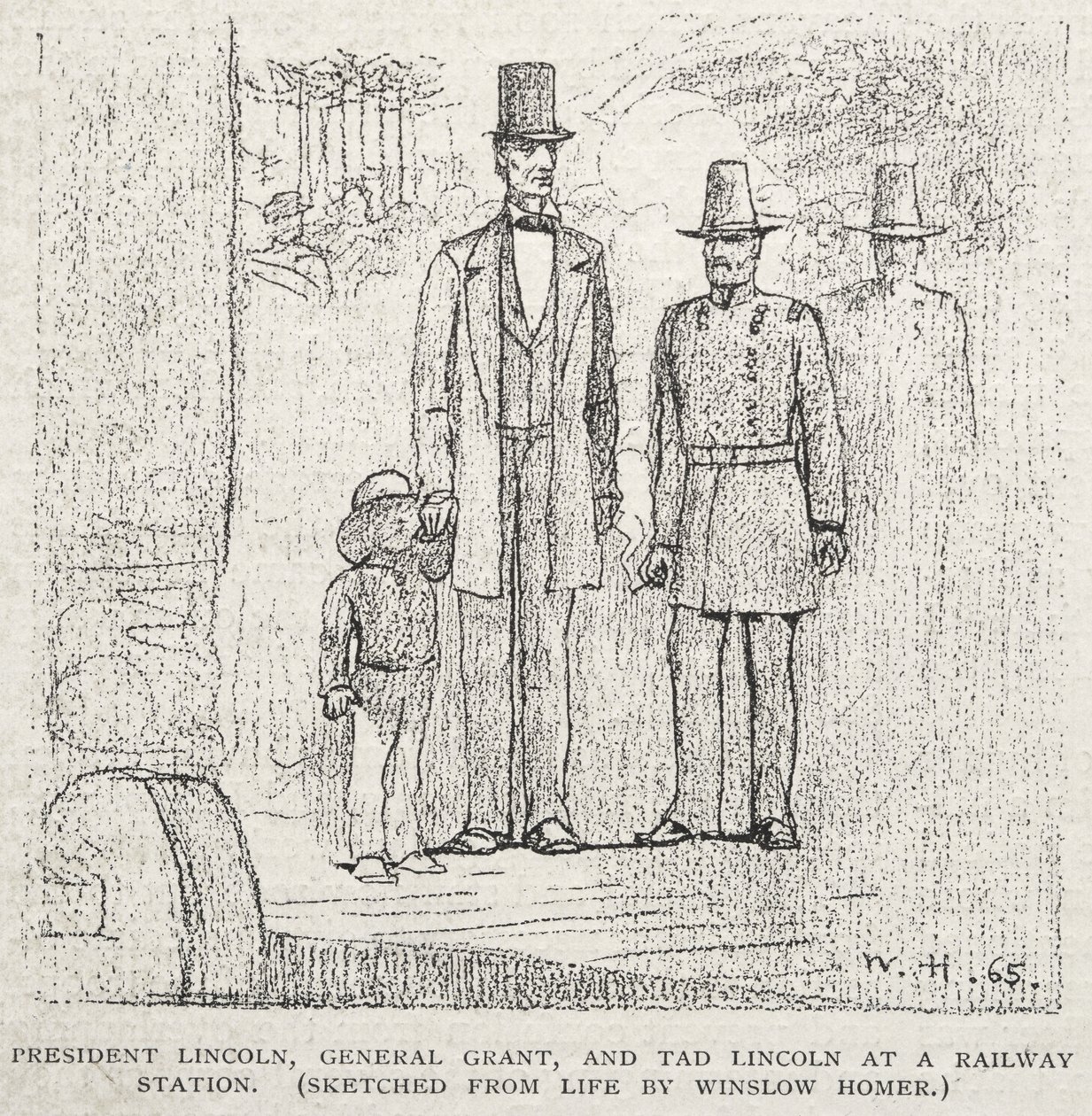 O Presidente Lincoln, o General Grant e Tad Lincoln numa estação ferroviária de Winslow Homer