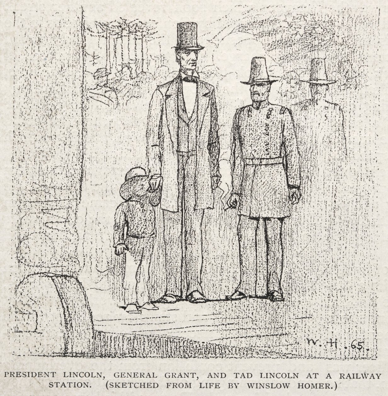 Presidente Lincoln, General Grant e Tad Lincoln em uma estação de trem, 1887. de Winslow Homer