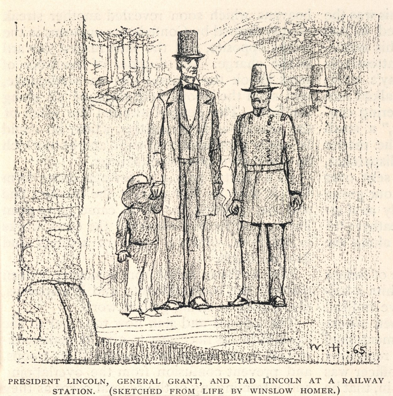 O Presidente Lincoln, o General Grant e Tad Lincoln numa estação de caminho de ferro, da The Century Magazine, novembro de 1887 de Winslow Homer