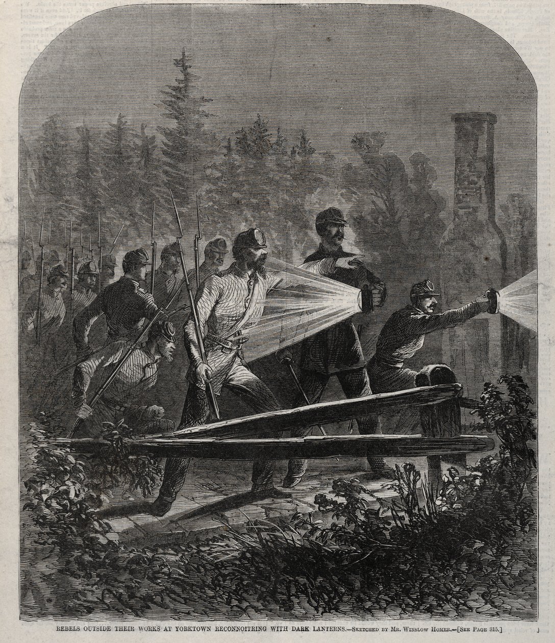 Rebeldes fora das suas fortificações em Yorktown, a fazer reconhecimento com lanternas escuras de Winslow Homer