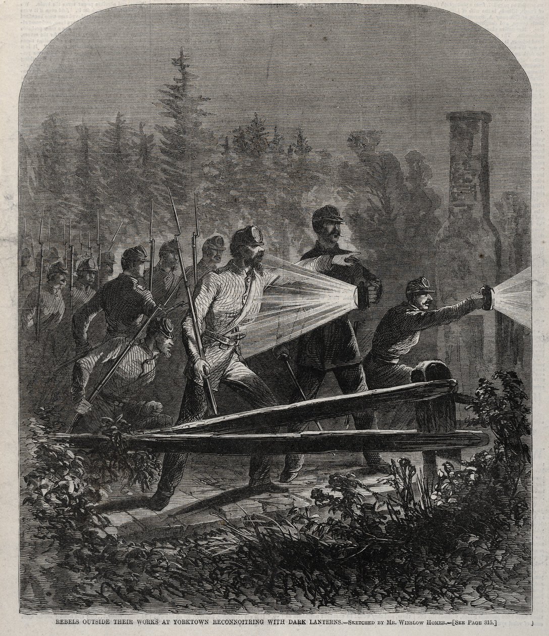 Rebeldes do lado de fora de suas obras em Yorktown Reconhecendo com lanternas escuras, 1862. de Winslow Homer