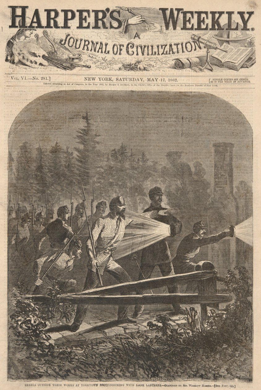 Rebeldes Fora de Suas Obras em Yorktown Reconhecimento com Lanternas Negras, de Harper de Winslow Homer