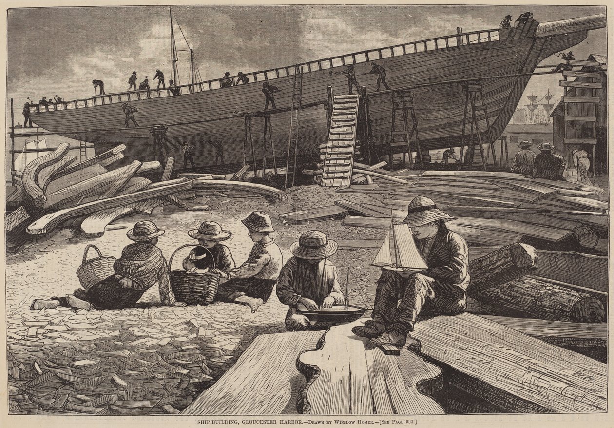 Ship-Building, Gloucester Harbor, publicado em 1873. de Winslow Homer