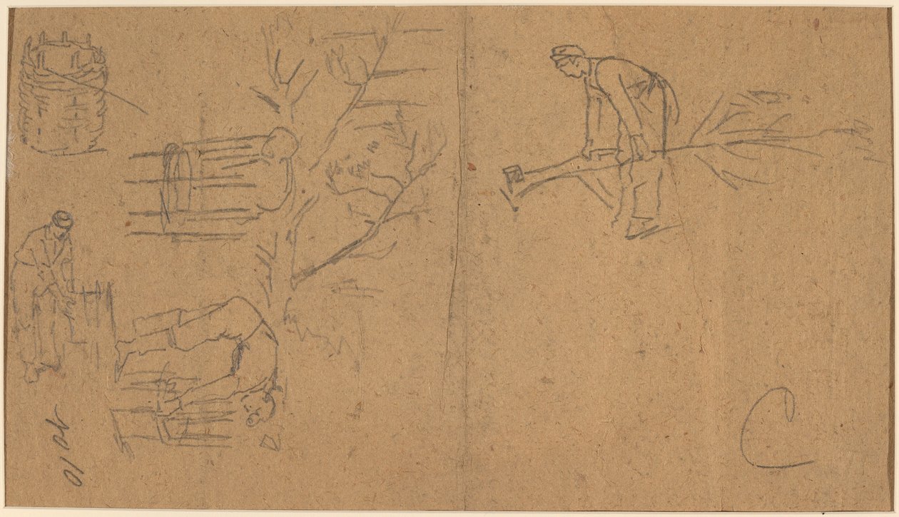 Soldados derrubando mudas e tecendo mudas em cestas [verso] de Winslow Homer