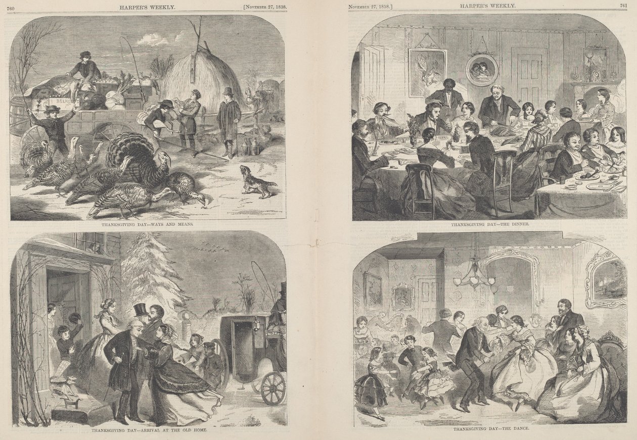 Dia de Ação de Graças - Caminhos e Meios [canto superior esquerdo], publicado em 1858. de Winslow Homer