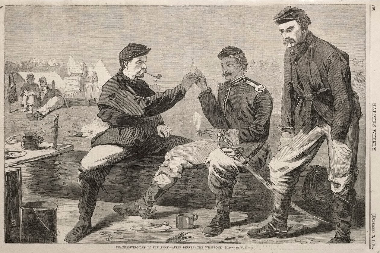 Dia de ação de graças no exército - após o jantar: o osso dos desejos, 1864. de Winslow Homer