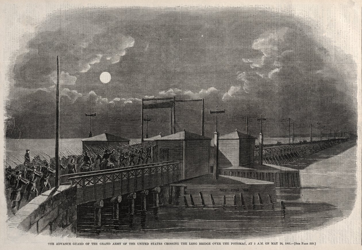 A vanguarda do Grande Exército dos Estados Unidos a atravessar a Long Bridge sobre o rio Potomac, às 2 da manhã de 24 de maio de 1861 de Winslow Homer