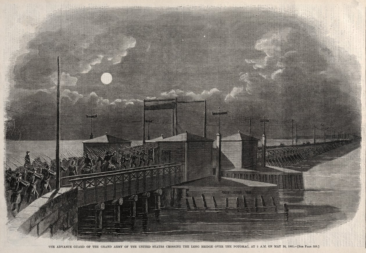 A Guarda Avançada do Grande Exército dos Estados Unidos, atravessando a Long Bridge, 1861, 1861. de Winslow Homer