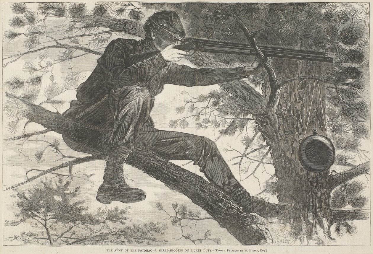 O Exército do Potomac - Um Atirador de Elite em Picket Duty, 15 de novembro de 1862 (gravura em madeira) de Winslow Homer