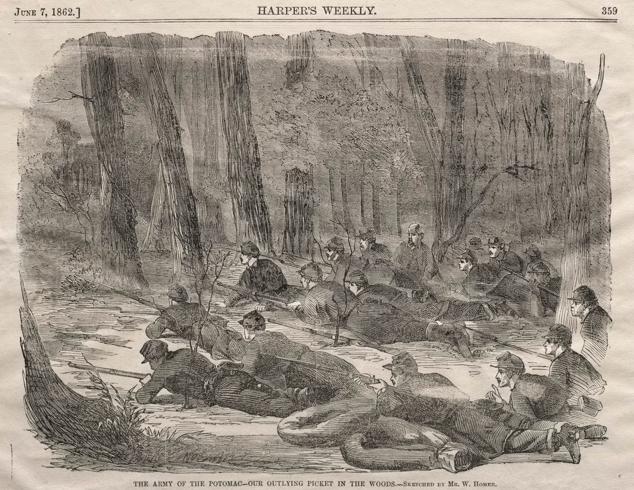 O exército do Potomac - nosso piquete periférico na floresta, 1862. de Winslow Homer