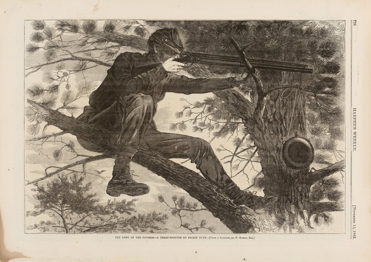 O Exército do Potomac, um atirador afiado em serviço de piquete, publicado no Harper "s Weekly, 15 de novembro de 1862 de Winslow Homer