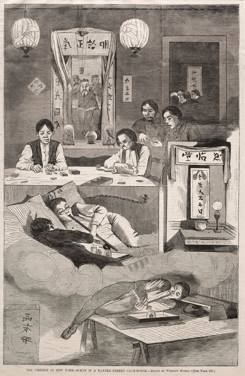 Os chineses em Nova York - cena em uma casa-clube da Baxter Street, 1874. de Winslow Homer