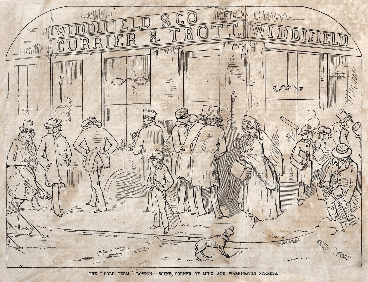 The Cold Term, Boston - Cena, Corner Milk e Washington Streets, 1858. de Winslow Homer