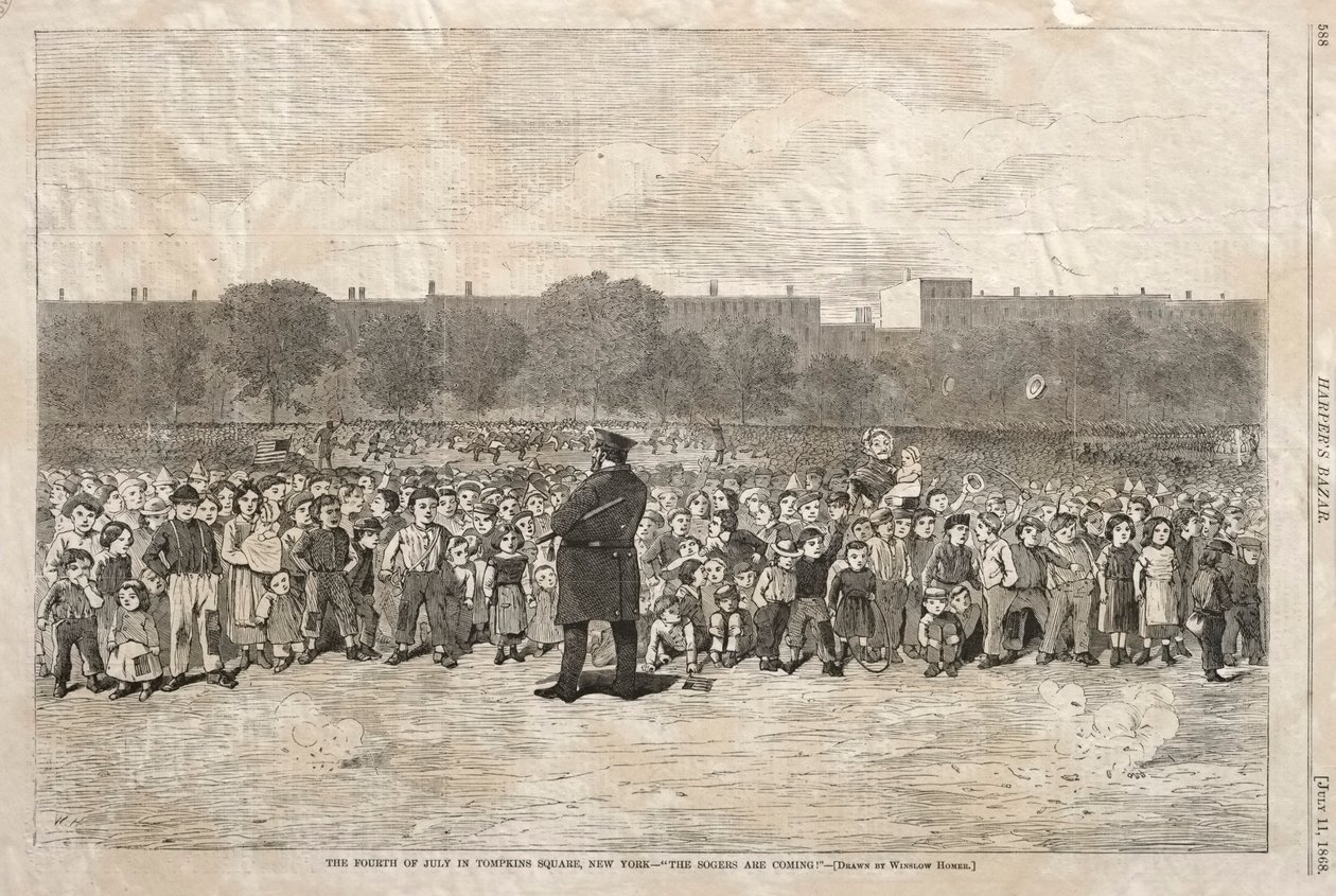 O 4 de julho em Tompkins Square, Nova Iorque - "Os Sogers estão a chegar" de Winslow Homer