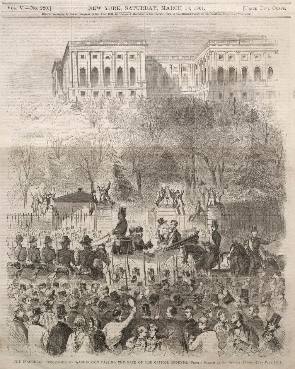 A procissão inaugural em Washington, passando pelo portão da capital, 1861. de Winslow Homer