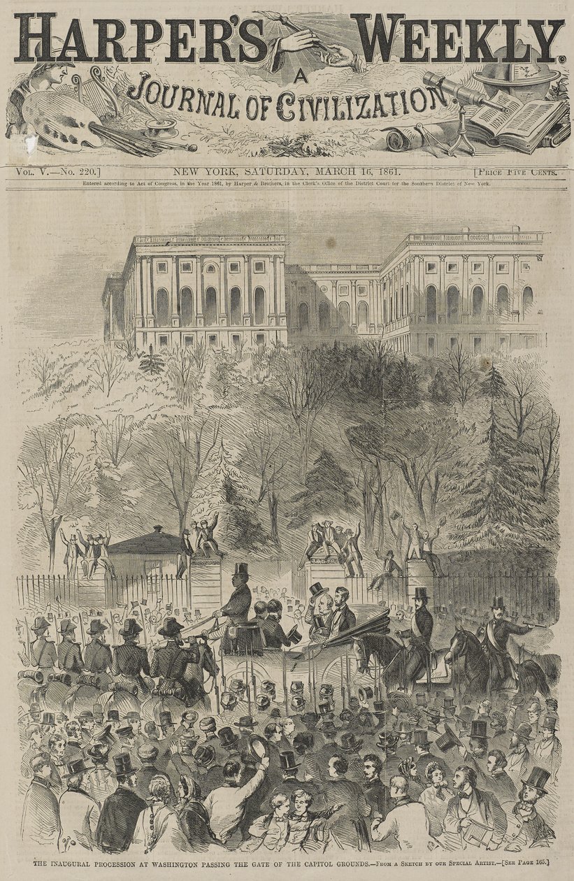 A Procissão Inaugural de Washington Passando pelo Portão do Parque do Capitólio (De um Esboço de nosso Artista Especial), 1861 (gravura em madeira) de Winslow Homer