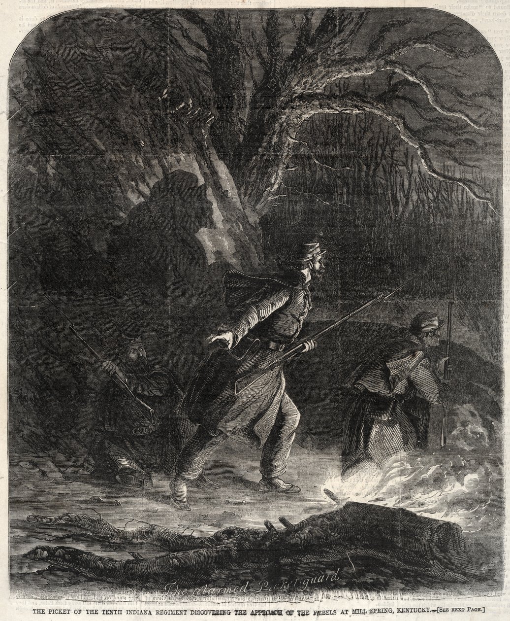 A patrulha do 10.º Regimento de Indiana a descobrir a aproximação dos rebeldes em Mill Spring, Kentucky de Winslow Homer
