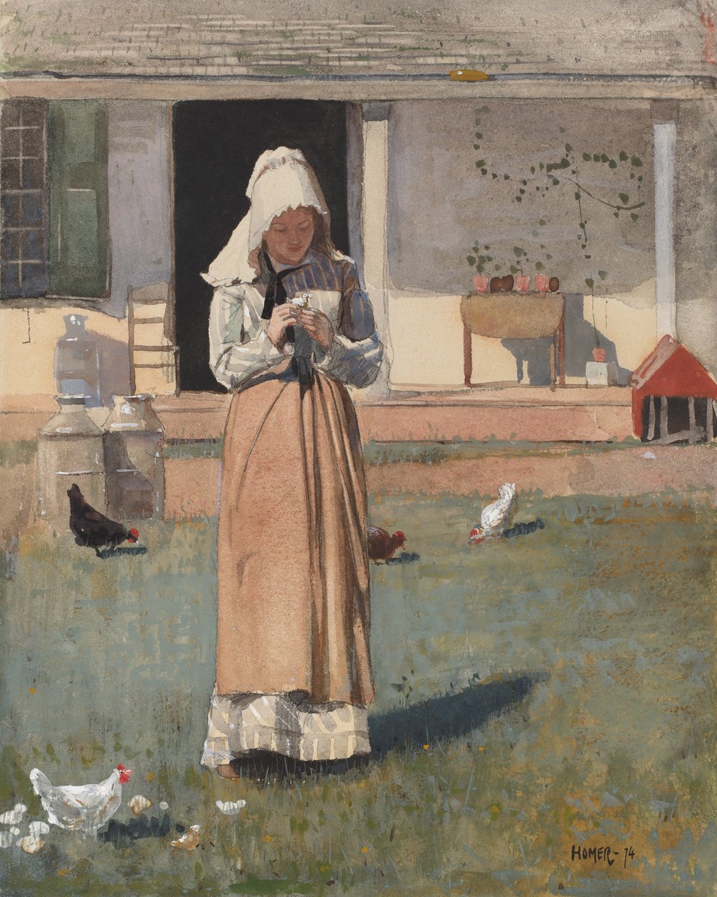 The sick chicken, 1874 (wc, guache e grafite em papel de parede) de Winslow Homer