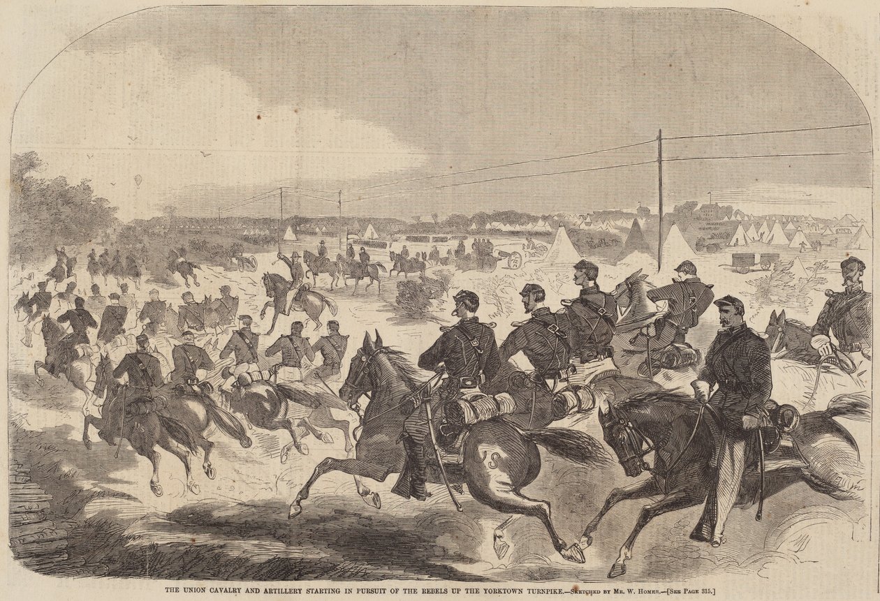 The Union Cavalry and Artillery Starting in Pursuit of the Rebels up the Yorktown..., publicado em 1862 de Winslow Homer