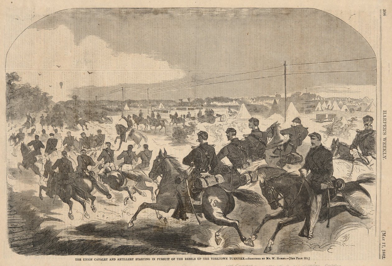 A cavalaria e artilharia da União começando em perseguição dos rebeldes até o Yorktown Turnpike, de Harper de Winslow Homer