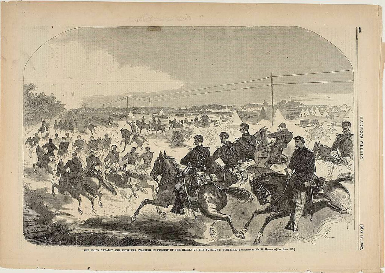 A cavalaria e a artilharia da União começam a perseguir os rebeldes pela estrada de Yorktown de Winslow Homer