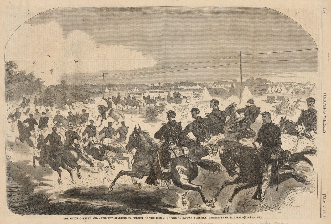 A cavalaria e a artilharia da União iniciam a perseguição dos rebeldes pela Yorktown Turnpike, de Harper