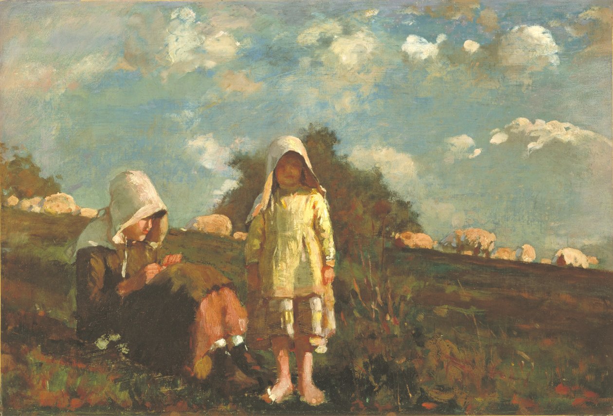 Duas raparigas com chapéus de sol num campo de Winslow Homer