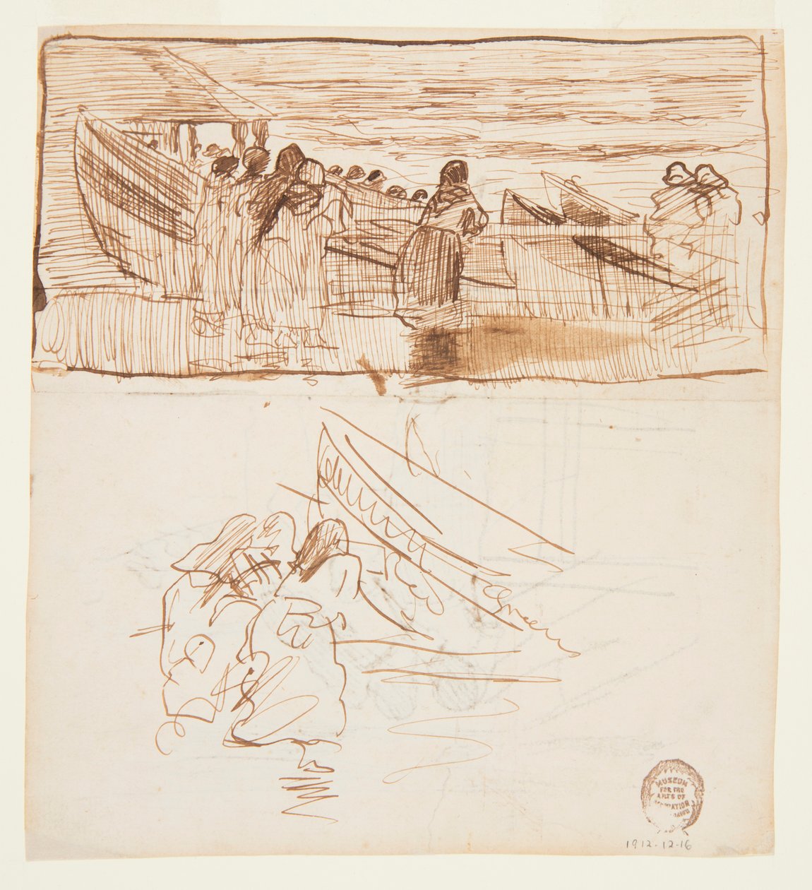 Dois estudos de mulheres atrás de grades, olhando para o lançamento de Dories, Cullercoats, Inglaterra de Winslow Homer