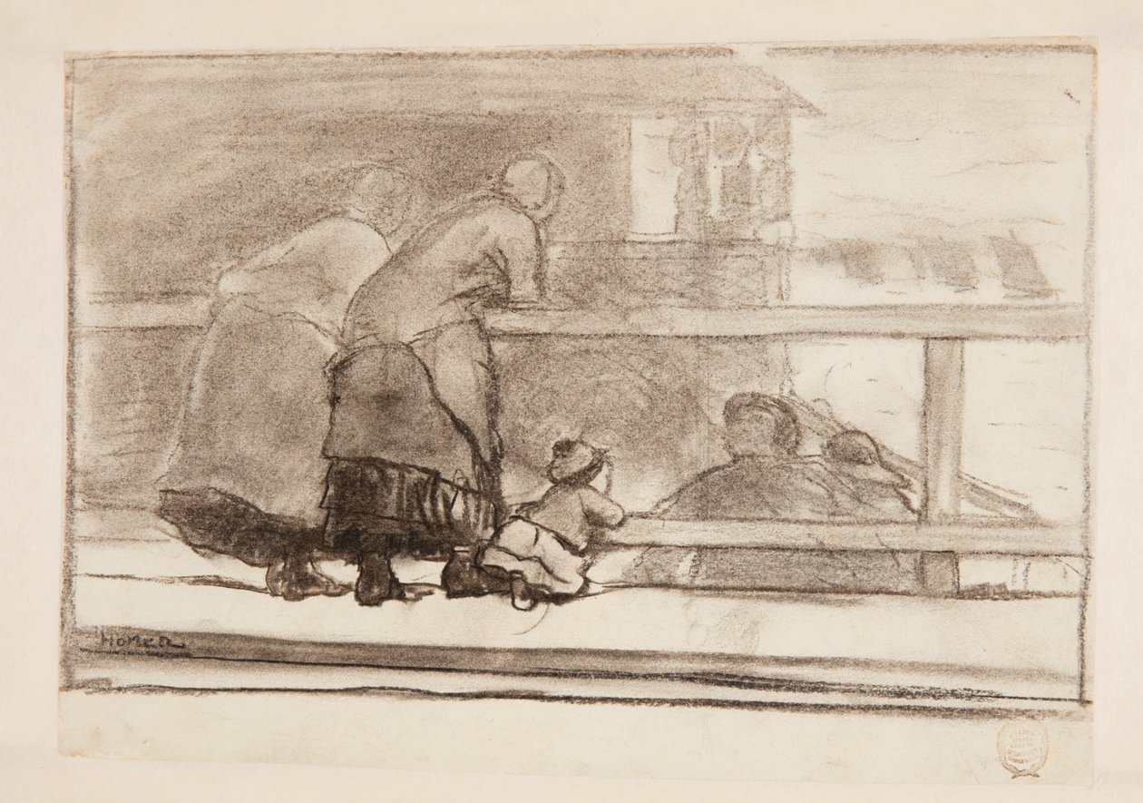Duas mulheres e uma criança em um trilho, com vista para a praia em Tynemouth de Winslow Homer