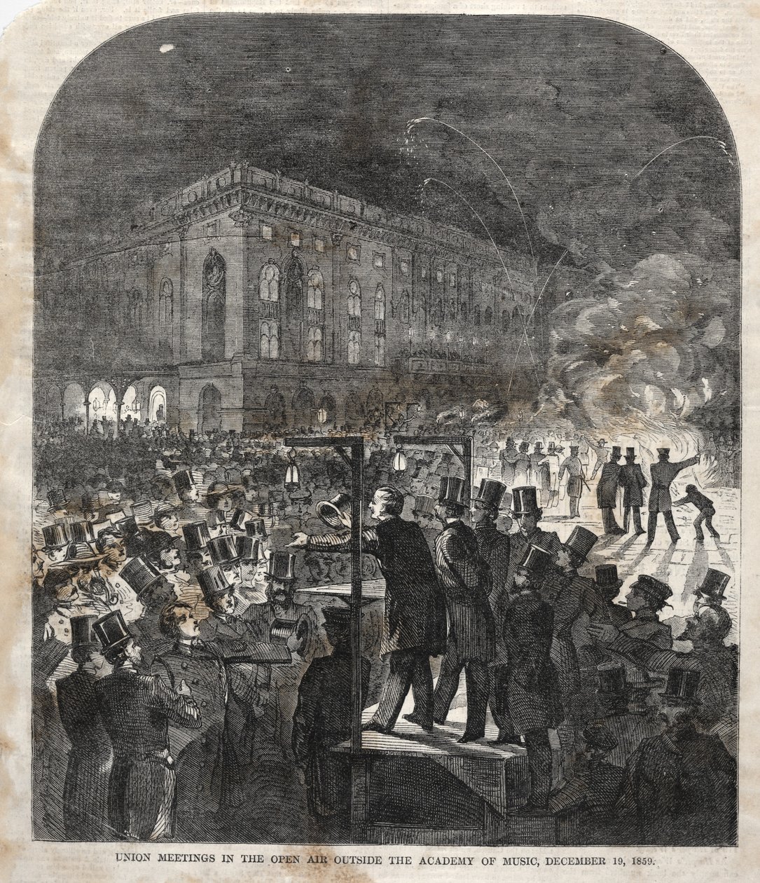 Encontro sindical ao ar livre no exterior da Academia de Música de Winslow Homer