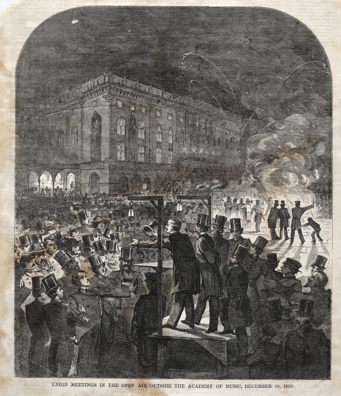 Encontro da União ao ar livre, fora da Academia de Música, 1859. de Winslow Homer