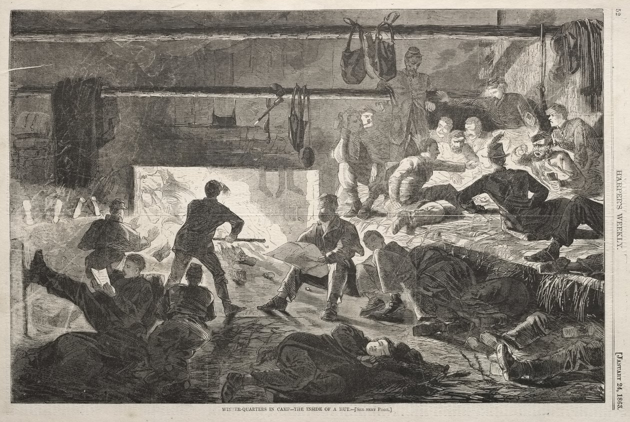 Alojamentos de Inverno no Acampamento — O Interior de uma Cabana de Winslow Homer