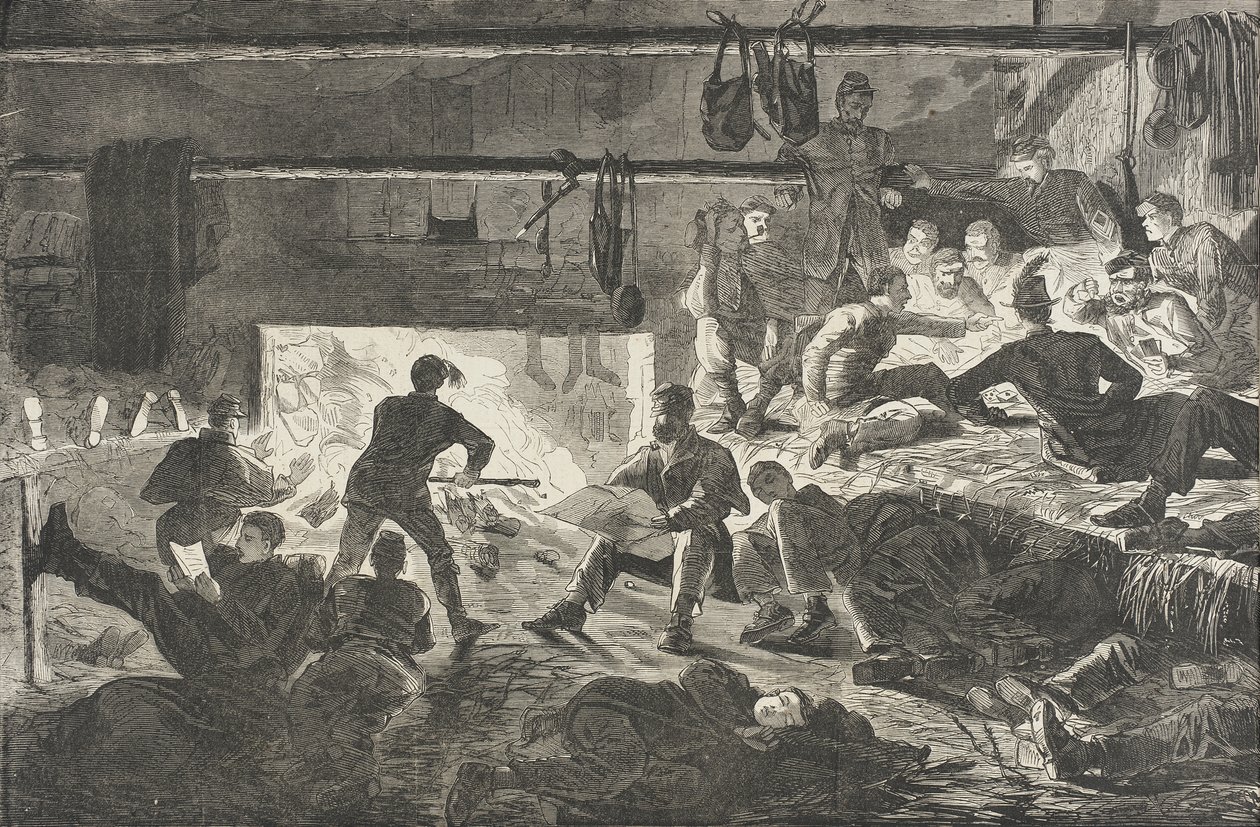 Quartéis de inverno no acampamento - O interior de uma cabana de Winslow Homer