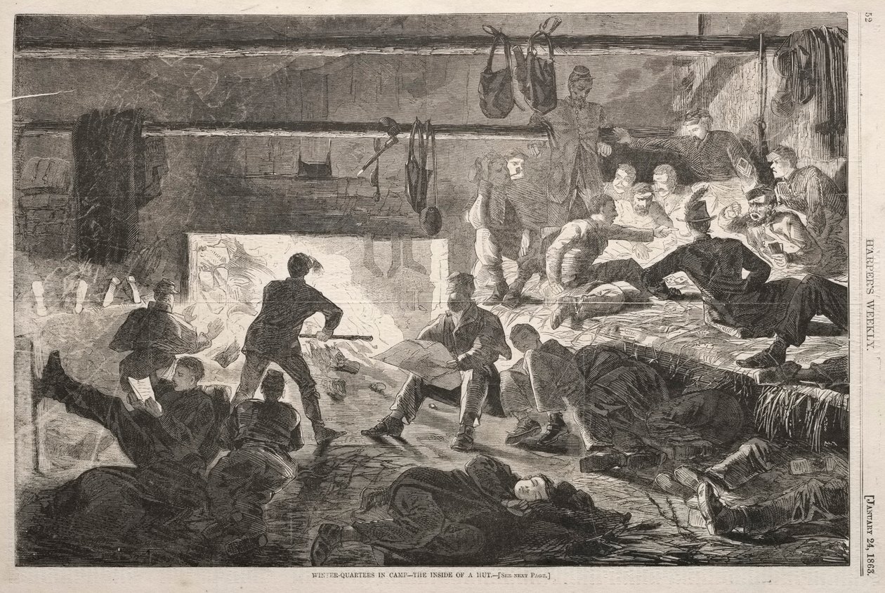 Quartos de inverno no acampamento - o interior de uma cabana, 1863. de Winslow Homer