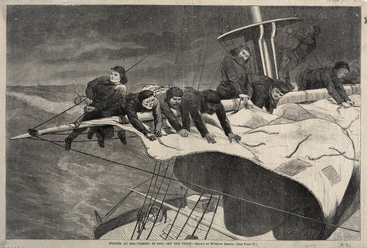 Inverno no mar — Ajustar as velas ao largo da costa de Winslow Homer