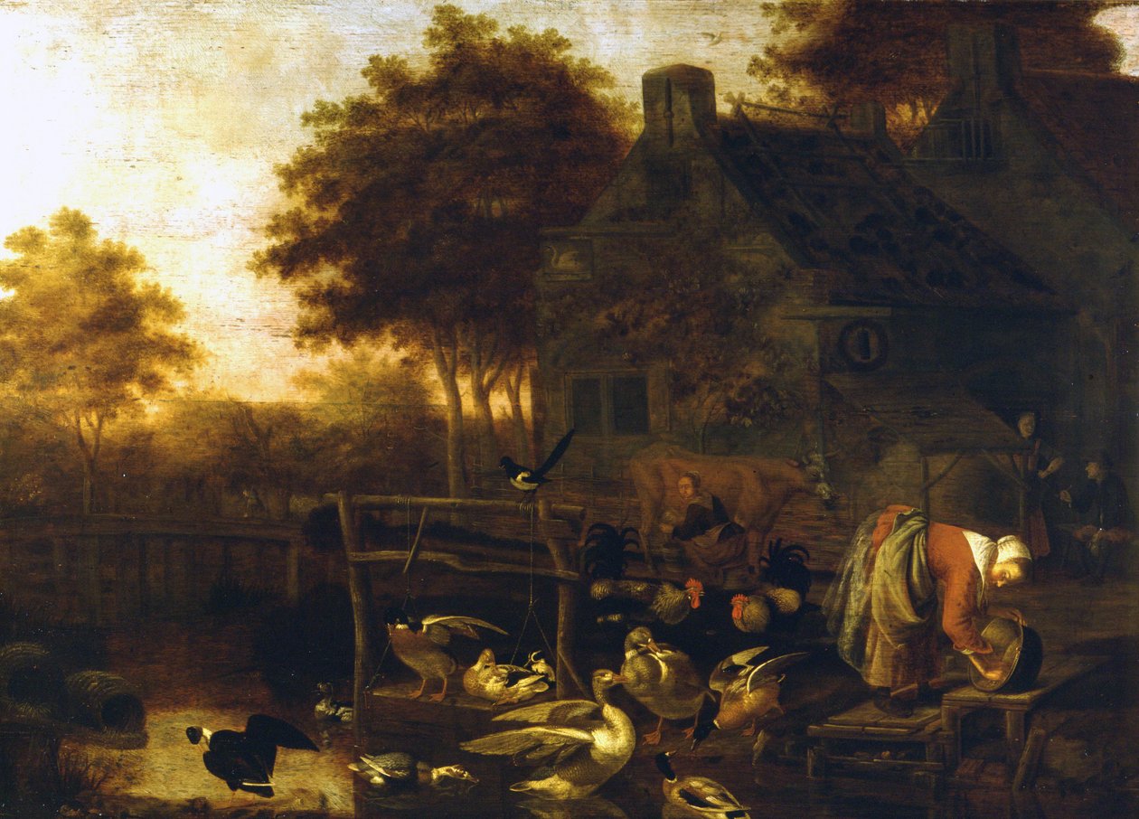 Cena do campo na Holanda (quinta com muitos animais e um agricultor a ordenhar uma vaca) por Wintrack the Young de Wintrack the Younger