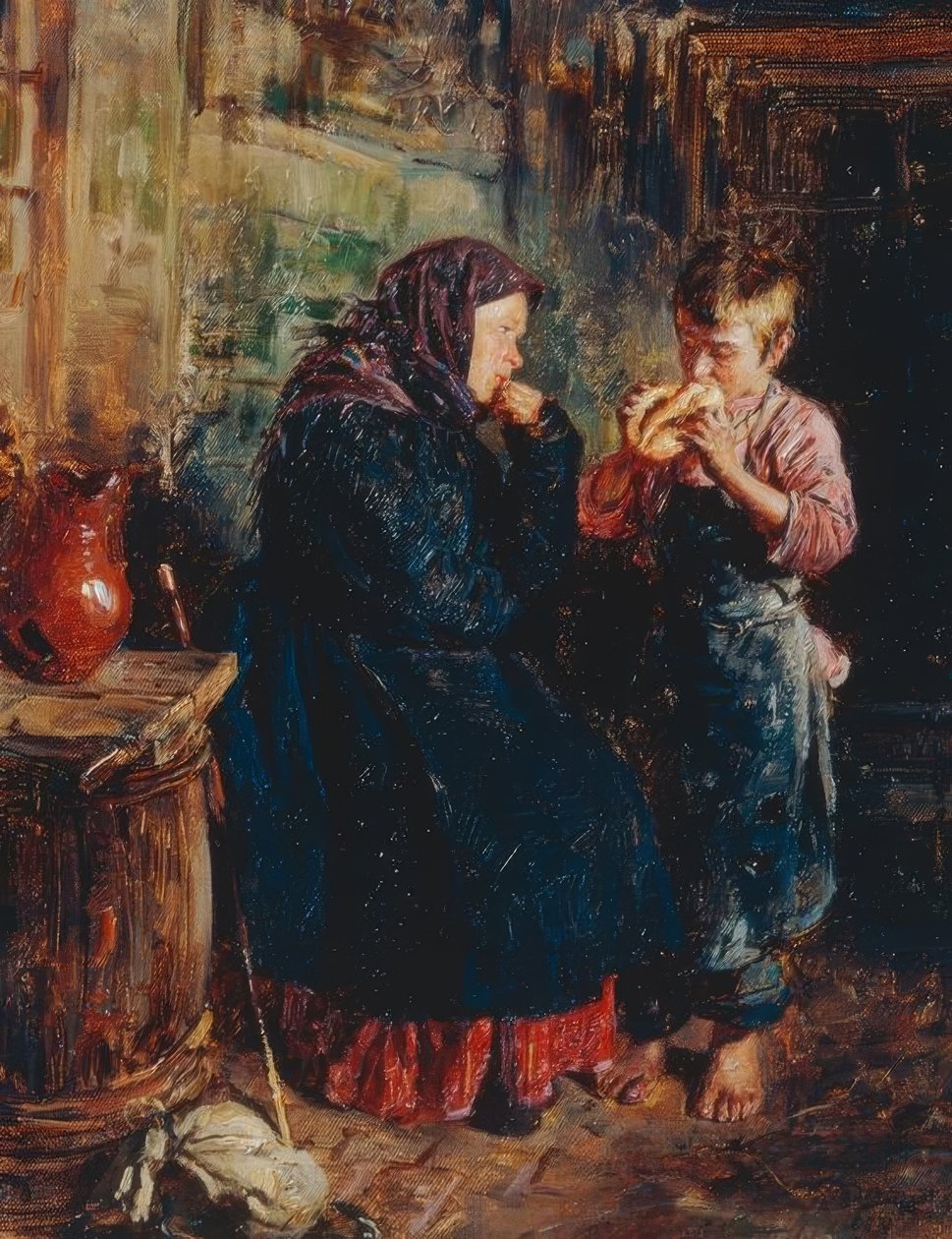 Mulher velha e menino com pão de Wladimir Jegorowitsch Makowski