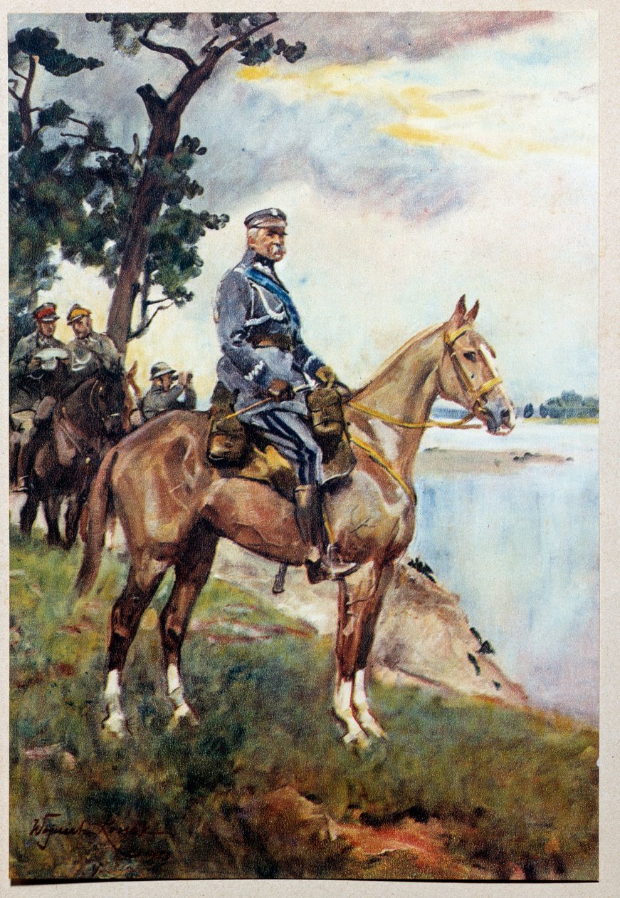 Retrato equestre de Marechal Jozef (Joseph) Klemens Pilsudski (1867-1935) no seu cavalo favorito Kasztanka. Pintura de Woiciech Von Kossak (1857-1942) de Wojciech Kossak