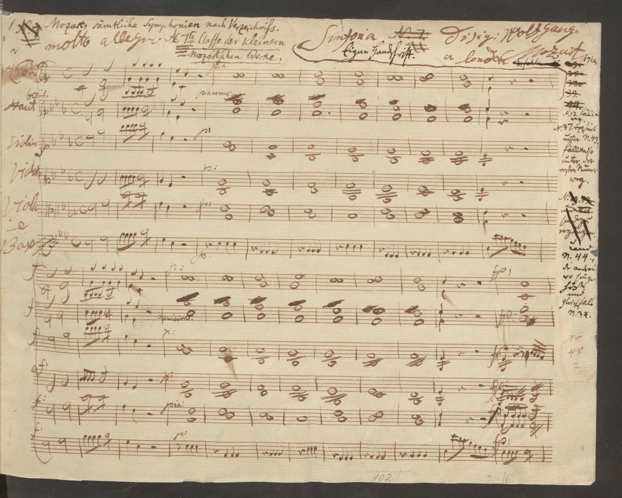 A abertura do manuscrito autógrafo da Sinfonia Nº 1 de Mozart de Wolfgang Amadeus Mozart