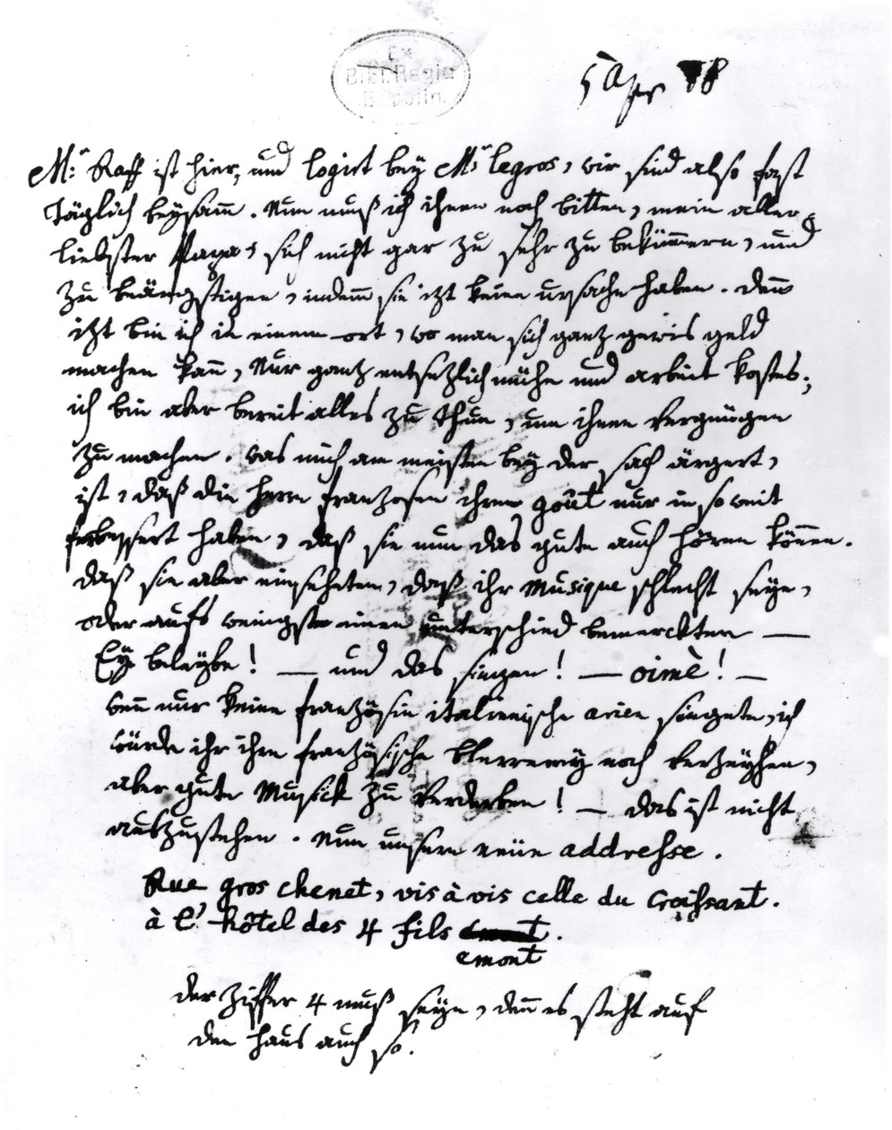 Carta de Mozart ao seu Pai, 5 de abril de 1778 (caneta e tinta no papel) de Wolfgang Amadeus Mozart