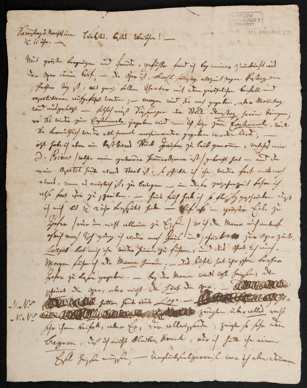 MS Farmer 2715 Carta de WA Mozart para sua esposa, Konstanze, 1791 (tinta no papel), página 1 de Wolfgang Amadeus Mozart