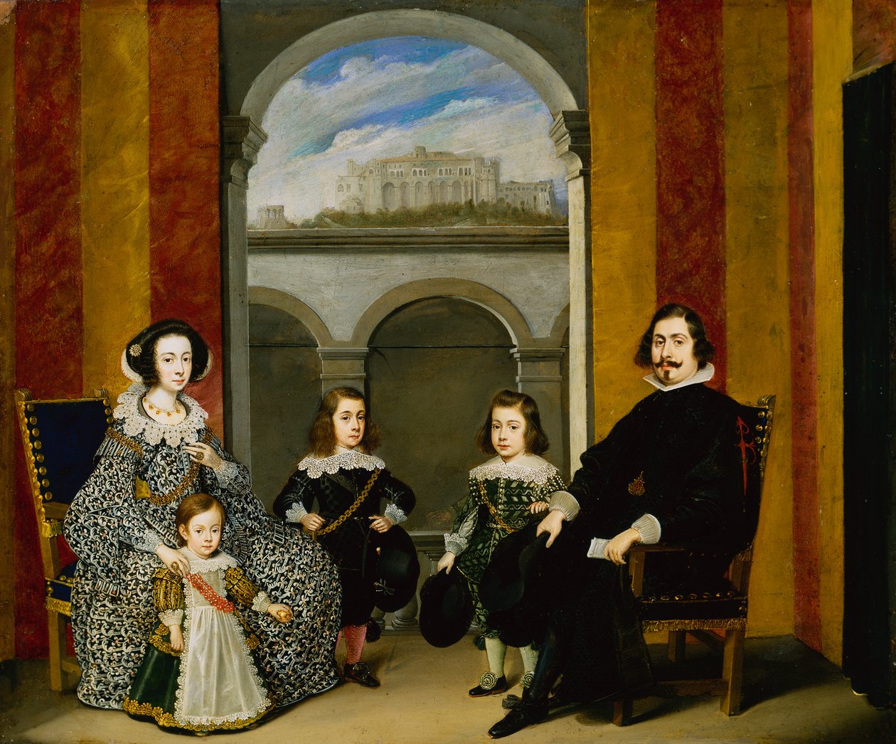 Francesco Tapia, Conte del Vasto, com sua família sentada em um interior do Palazzo Tapia com uma vista do Castello di Sant Elmo de Wolfgang Heimbach