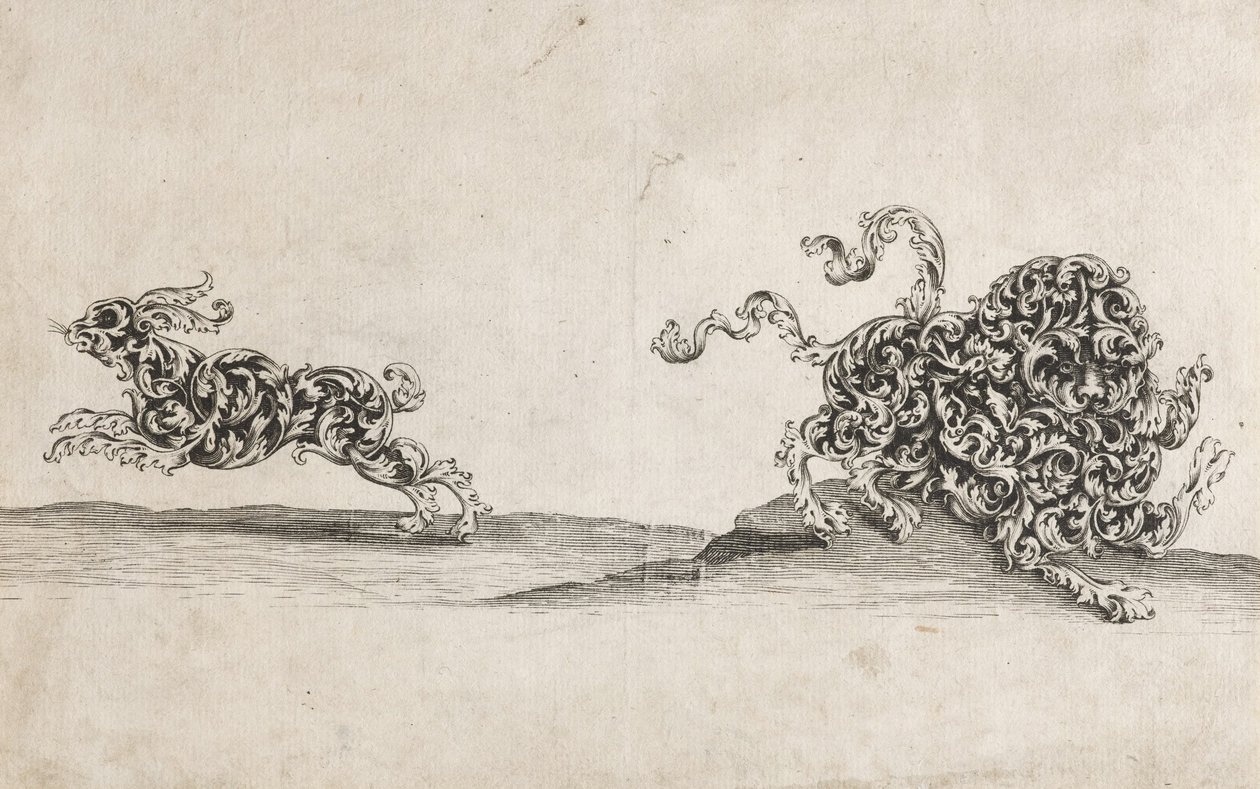 Leão e Lebre Composto por Folha Ornamental de Wolfgang Hieronymus von Bömmel