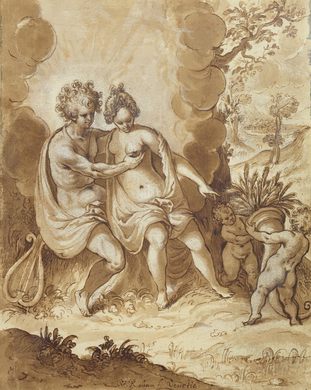 Apolo e Ceres, 1605 (lápis, wc e branco destacando no papel) de Wolfgang Kilian