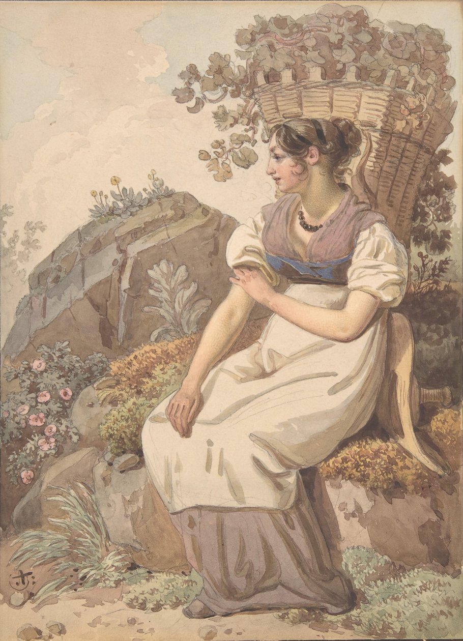 Jovem mulher no Vaudois depois da vindima da uva, 1821. de Wolfgang Adam Töpffer