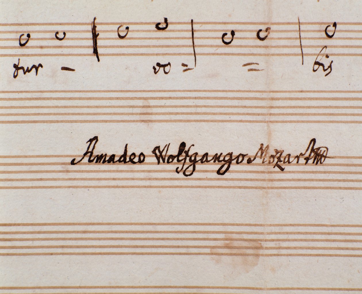 Detalhe da assinatura do compositor da página de partituras do Querite primum regnum Dei de Mozart para obter o título de Accademico filarmonico (1770) de Wolfgang Amadeus Mozart
